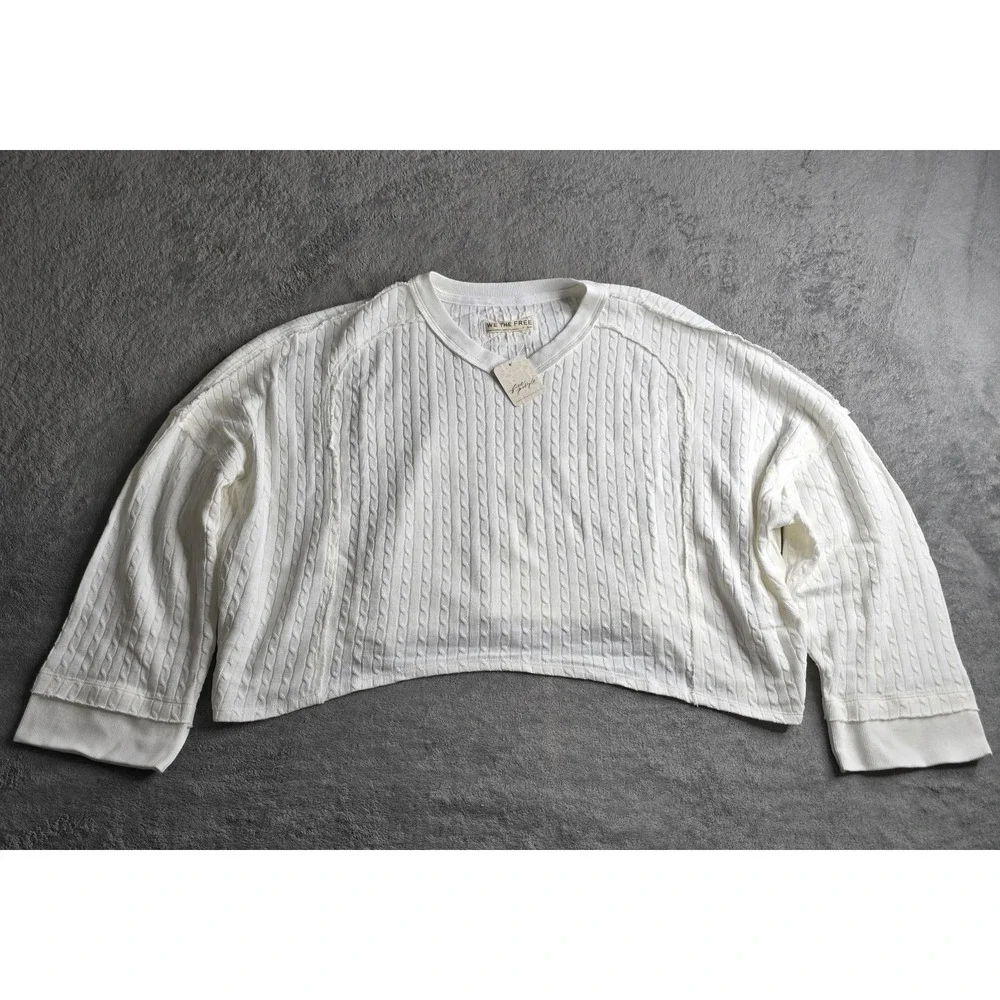 Free People Cable Knit Cropped Sweater Womens Small Ivory Long Sleeve Stretch